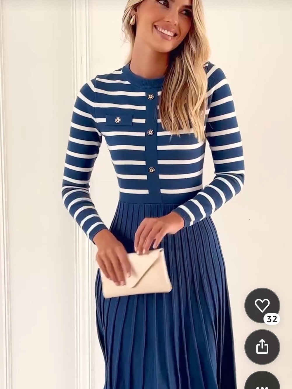 NWT Zesica Blue White Long Sleeve Striped Pleated Midi Dress Button Bodice Large